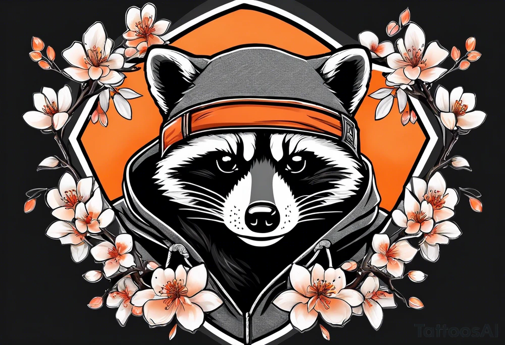 Raccoon wearing a white Superman logo on a black hoodie and orange Japanese cherry blossoms tattoo idea