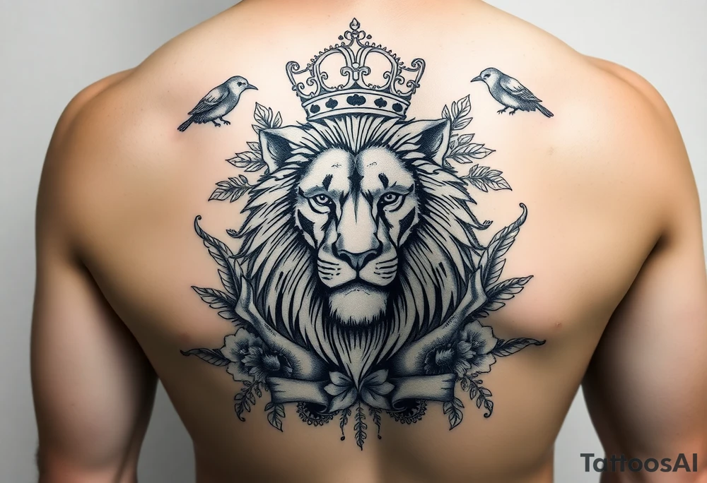 powerful majestic lion with a crown, surrounded by floral ornaments and birds tattoo idea