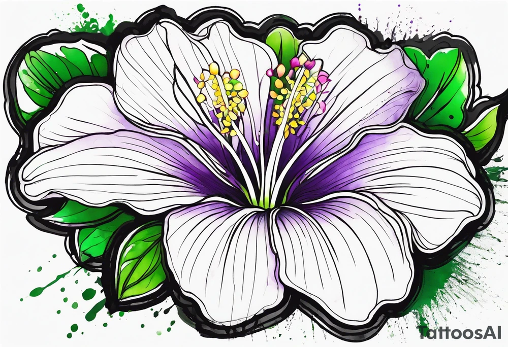 An outline of a rio dipladenia flower with a green and purple watercolor splash in the background tattoo idea