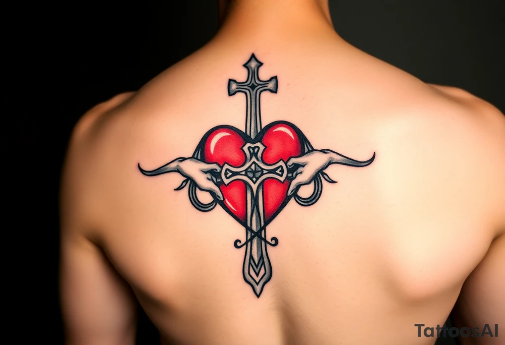 claddagh with a red heart intertwined with a celtic cross tattoo idea