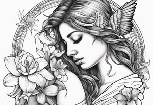 off shoulder 
sad crying angel with head down and face covered by her hair surrounded by lily, daffodil, rose, daisy, narcissus holding a hummingbird tattoo idea