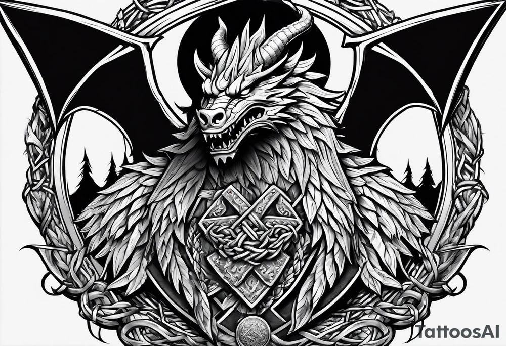 Valhalla sword shield dragon axe Valknut barbed wire chains fire tattoo idea
