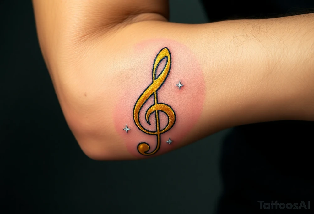 A gold treble clef with subtle silver accents, surrounded by delicate sparkles tattoo idea