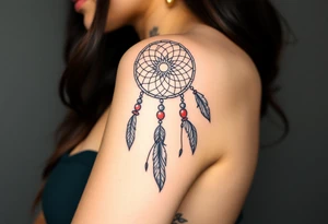 native dreamcatcher with flowing feathers and sacred beads tattoo idea