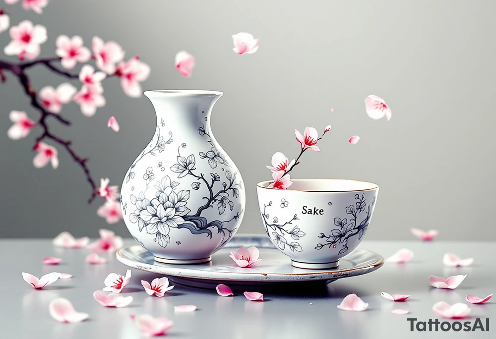 Sake Serenity – A sake set with a minimalist ceramic jug and cup, soft white and pale gray tones, with delicate cherry blossom petals floating around. tattoo idea
