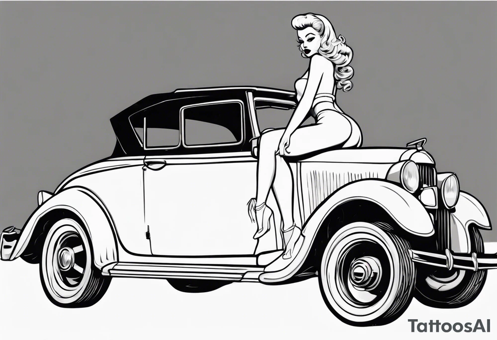 pinup doll on the hood of an old vintage car tattoo idea