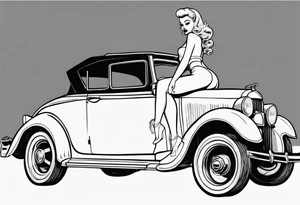 pinup doll on the hood of an old vintage car tattoo idea
