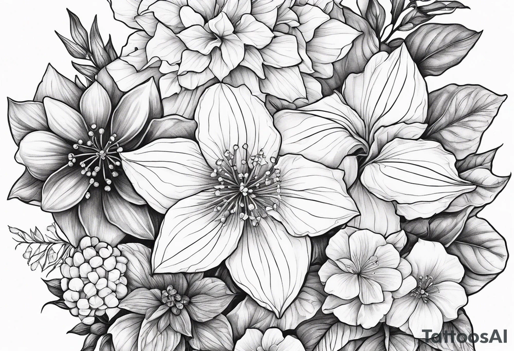 Hydrangea, Narcissus, Poinsettia, Holly, Gladiolus, Poppy, Daisy, Sweet Pea floral tattoo idea