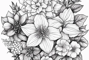 Hydrangea, Narcissus, Poinsettia, Holly, Gladiolus, Poppy, Daisy, Sweet Pea floral tattoo idea