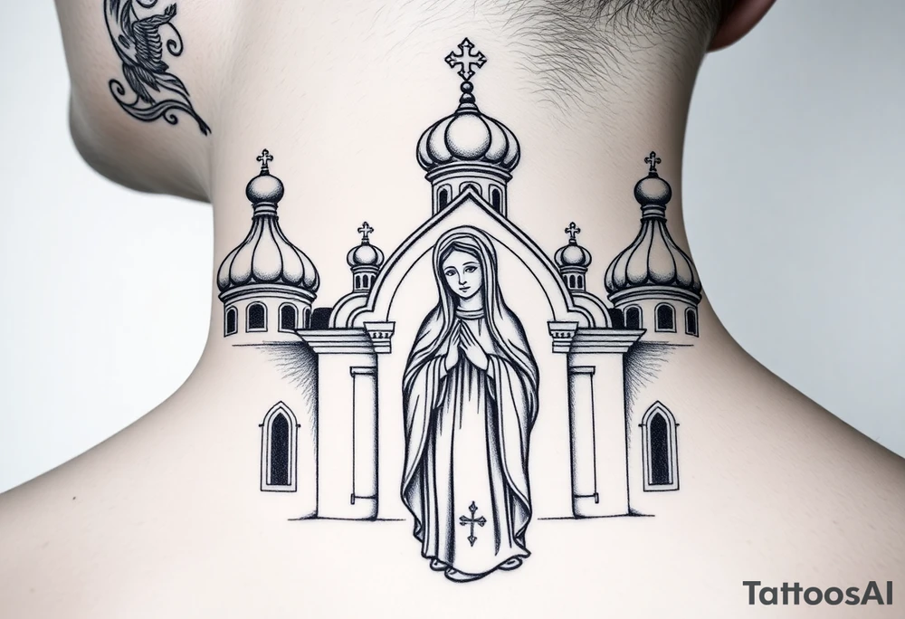 Russian orthodox church with bulb domes with a prominent russian orthodox style virgin mary stood outside with hands together tattoo idea