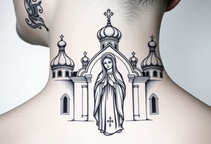 Russian orthodox church with bulb domes with a prominent russian orthodox style virgin mary stood outside with hands together tattoo idea