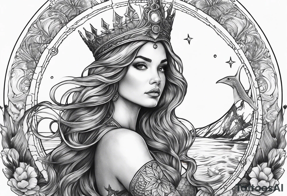 Mermaid full body holding a trident and wearing a crown, sea turtle, compass, cresent moon tattoo idea