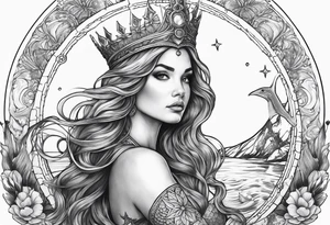 Mermaid full body holding a trident and wearing a crown, sea turtle, compass, cresent moon tattoo idea