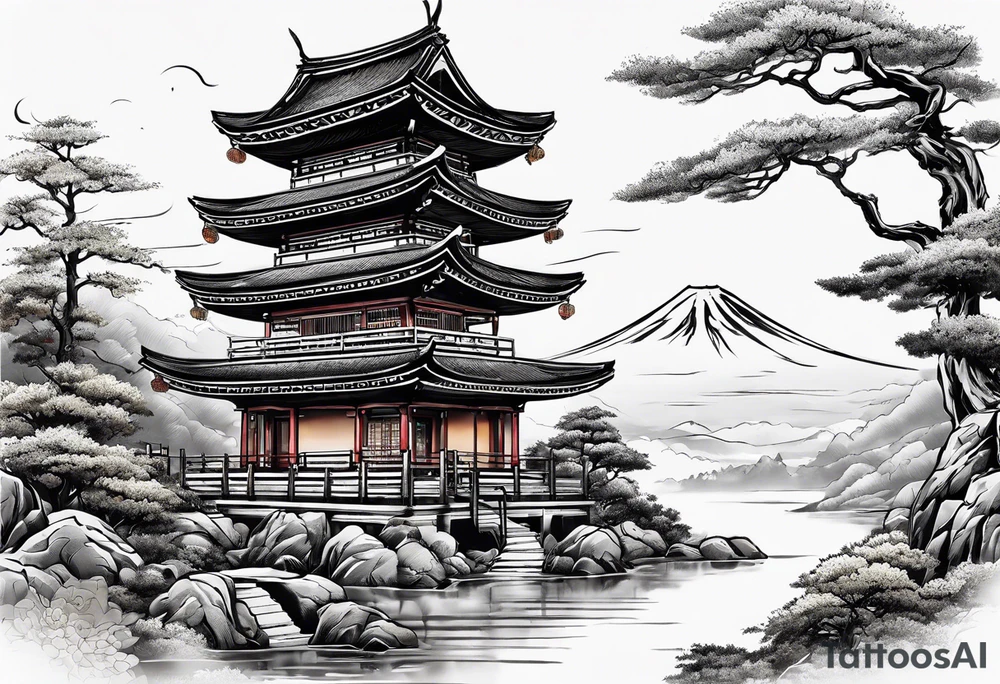 pagoda with japanese drgaon tattoo idea