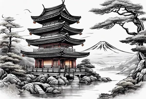 pagoda with japanese drgaon tattoo idea