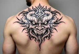 Purépecha style tattoo integrating with oni mask with a snake in its mouth tattoo idea