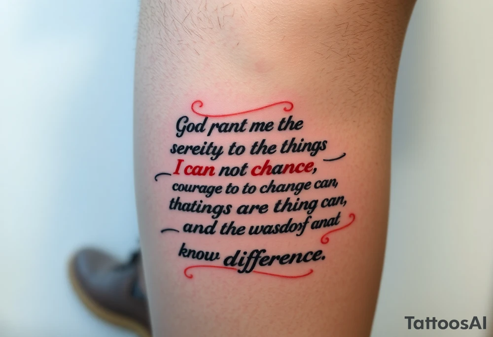 Generate a leg tattoo doing down the side of leg all the way down saying  “god grant me the serenity to  accept the things I can not change courage to change the things I can and the wisdom to know the difference” put god , serenity , courage, and wisdom in red tattoo idea