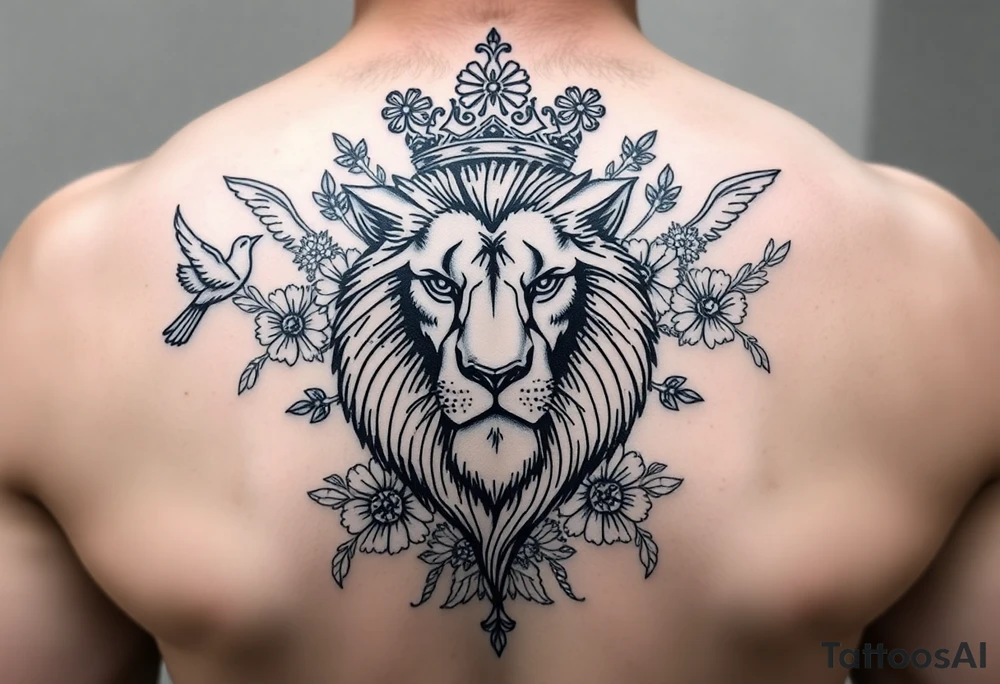 powerful majestic lion with a crown, surrounded by floral ornaments and birds tattoo idea
