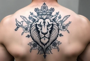 powerful majestic lion with a crown, surrounded by floral ornaments and birds tattoo idea