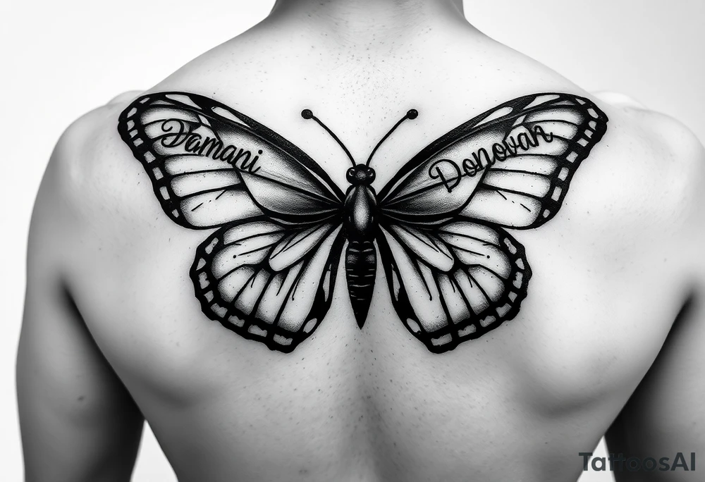 Butterfly withe the name Damani made in one wing and the other wing with the name Donovan. The body made with the name Dalyla. tattoo idea