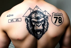 powerful aggressive ape with a street sign on the left that says 42ns st w, a highway sign on the right that says highway 78 and pyramids above the ape’s head that have snow on them. tattoo idea