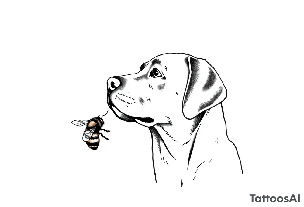 brown lab looking up at a bumble bee like it’s almost about to sniff it but they’re not touching. all black ink and fine line. tattoo idea