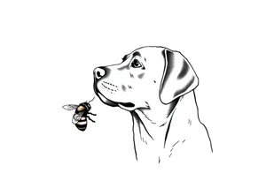 brown lab looking up at a bumble bee like it’s almost about to sniff it but they’re not touching. all black ink and fine line. tattoo idea