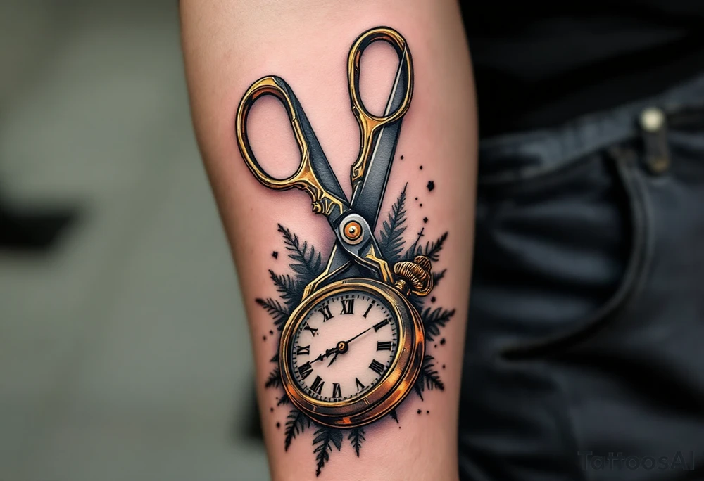Scissors and Clock Tattoo – A vintage-style pair of brass scissors placed near an old-fashioned pocket watch, with black and gold tones to create a sense of timelessness, symbolizing the passage of time and the precision of moments. tattoo idea
