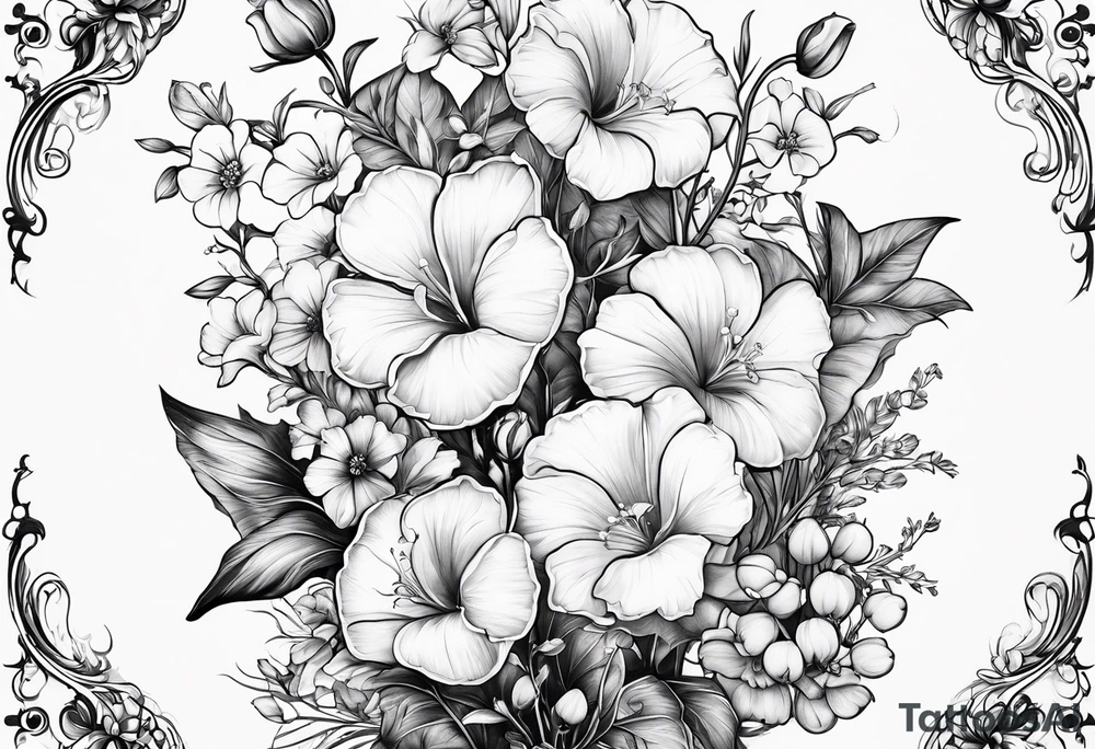 a vertical flower bouquet including sweet pea, larkspur, morning glory and cosmos tattoo idea