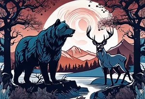 Hunter in the forest with dark mountains in the background under moonlight with bear and
 deer and a cougar tattoo idea