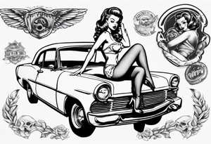 Topless pinup doll sitting on the hood of an old vintage car tattoo idea
