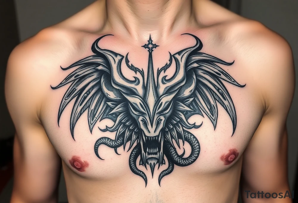 Inspirado en Caos, la entidad griega que existía antes de todo.

Diseño abstracto: torbellino oscuro con símbolos antiguos, rostros ocultos, ojos cerrados.

Al centro del pecho puede tener una grieta con luz negra o figuras serpenteantes. tattoo idea