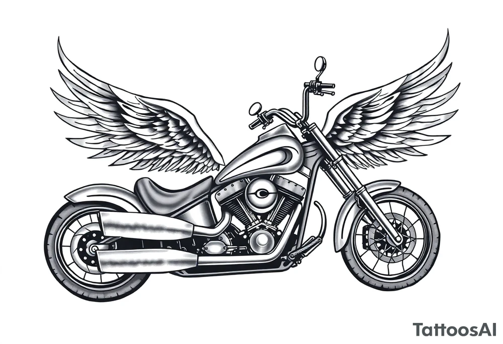 Low rider grey motorcycle, big muffler pipes with flames, angel wings, driving away, no person tattoo idea