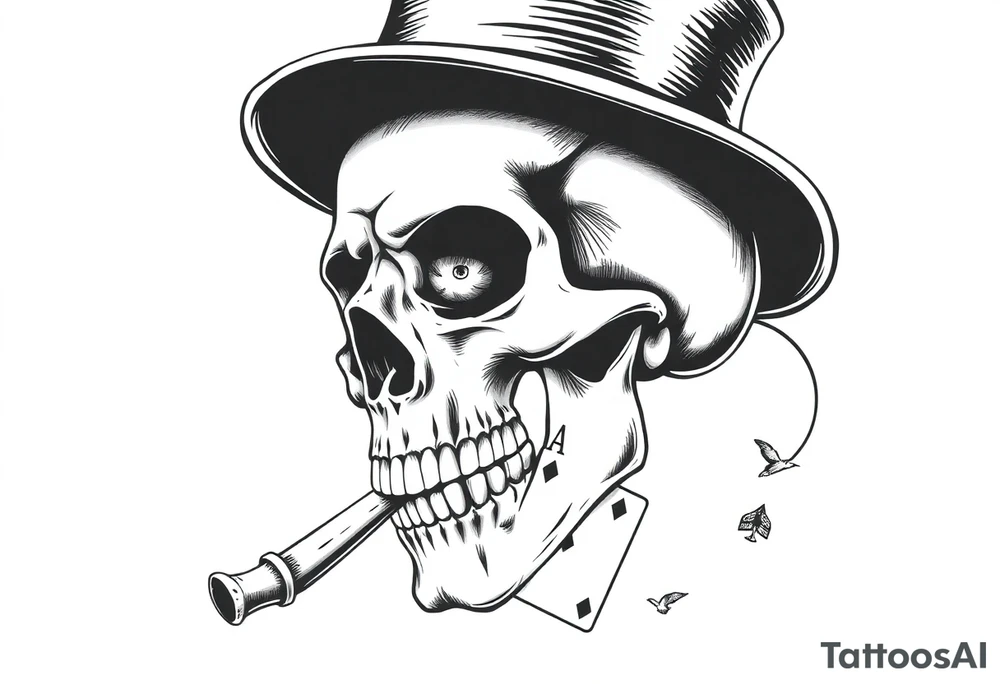 skull with top-hat and cigar in his mouth, playing cards. tattoo idea