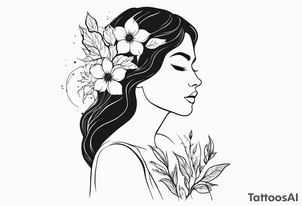 she is fire and flowers, feminist tattoo, strong but really delicate, fine lines. No face, silouette tattoo idea