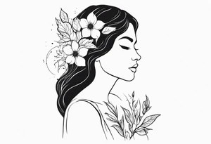 she is fire and flowers, feminist tattoo, strong but really delicate, fine lines. No face, silouette tattoo idea