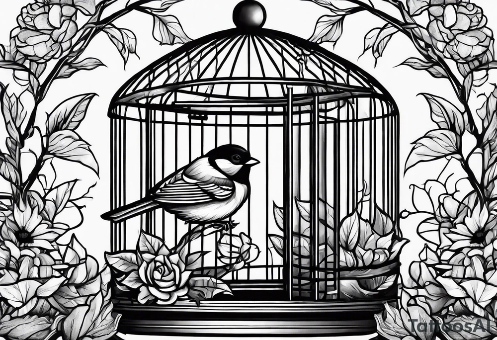 neo traditional foliage on the left top of a bird cage tattoo idea