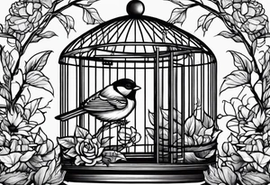 neo traditional foliage on the left top of a bird cage tattoo idea