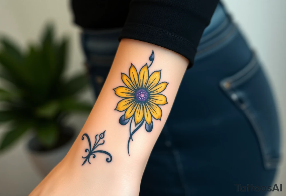 Yellow daisy flower with Purple Hearts tattoo idea