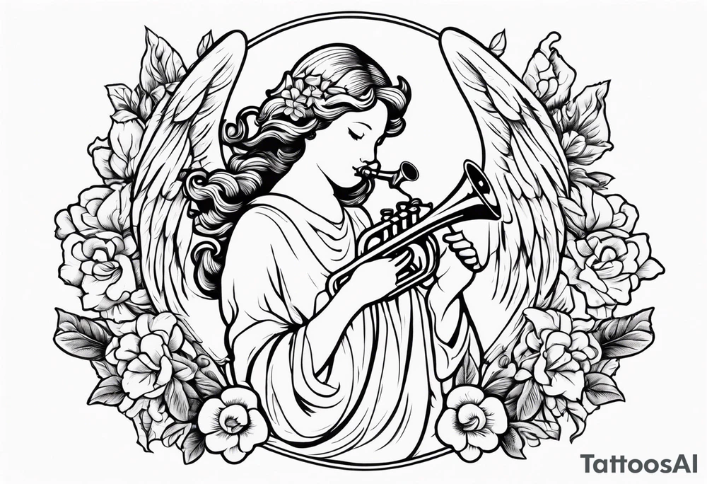 angel with trumpet
old school vintage simple traditional design with vintage flowers surrounding it bold color tattoo idea