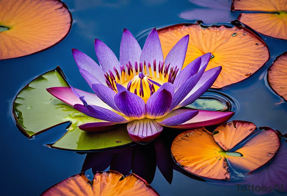 Design a tattoo Centerpiece: Blue and purple Water Lily: Place this at the center, its petals elegantly spread, symbolizing serenity. Place a blue butterfly resting on the waterlily Orange Marigold: Positioned to one side of and below the water lily, with vibrant petals, and a small bumblebee buzzing nearby. Purple Gladiolus: Tall and striking, place these on one side and above the water lily cascading slightly for a natural look. Purple Iris: Integrate these on the opposite side and above the water lily, their unique shape adding depth and contrast. Pink Rose: Position this slightly below the water lily with its delicate petals and gentle curves. Interweave around the water lily, Marigold and rose christmas holy vine with dark green leaves and red berries Vine and Leaves: Use flowing vines that interweave between the flowers, creating a cohesive look. Add leaves that vary in size and shape for a naturalistic tattoo idea
