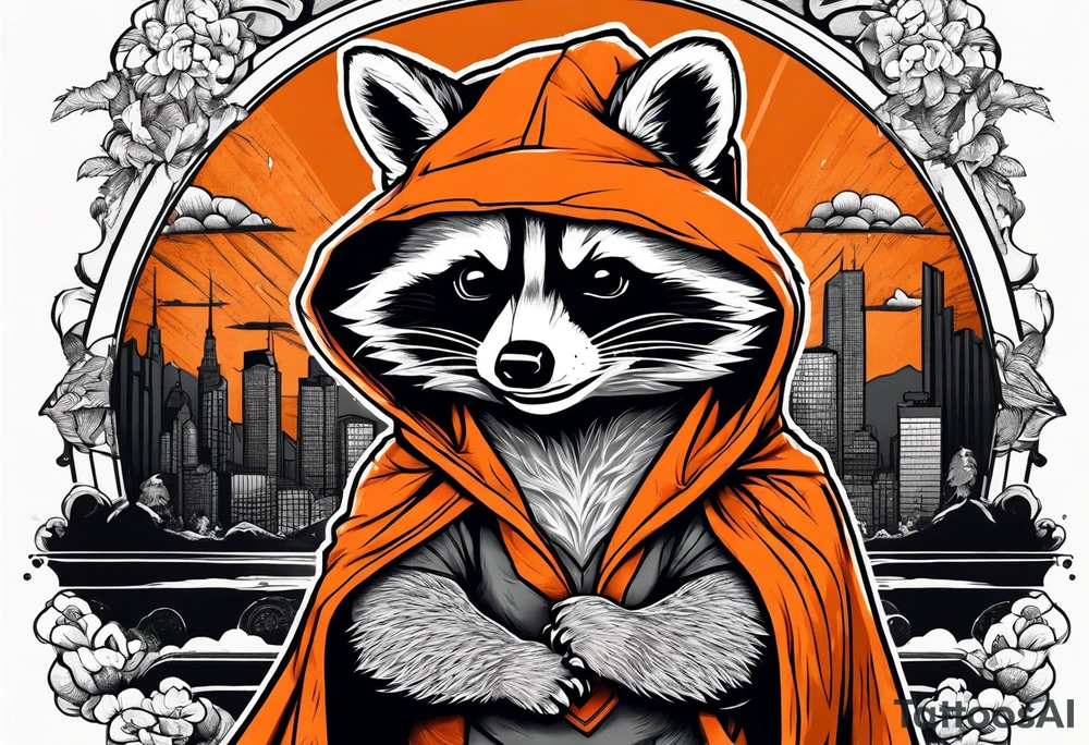 Raccoon wearing an orange Superman hoodie tattoo idea