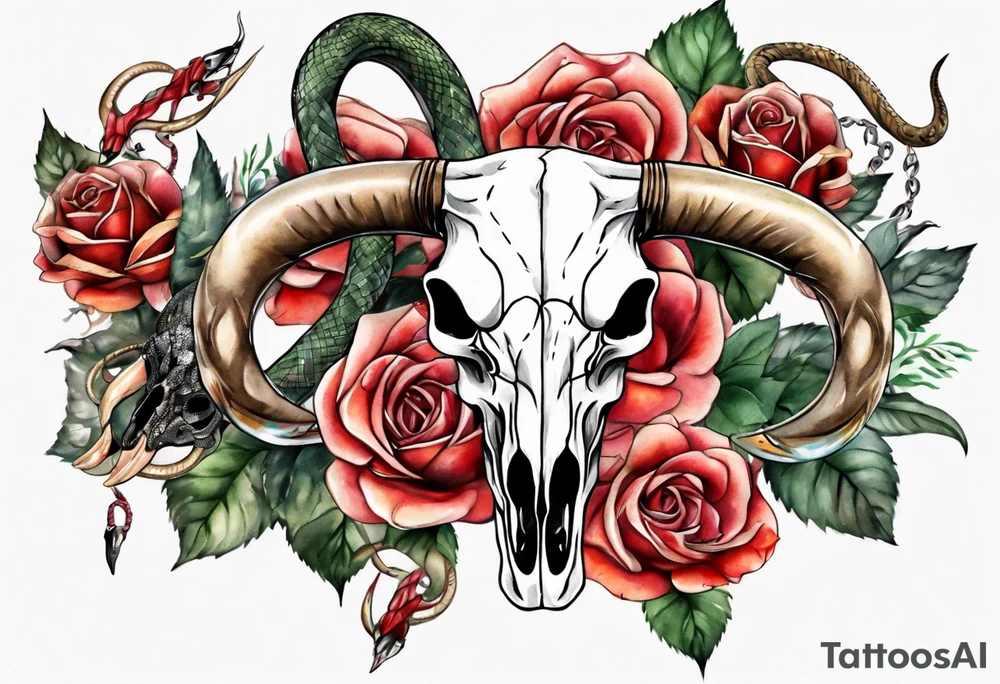 bull skull with a snake with roses tattoo idea