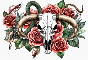 bull skull with a snake with roses tattoo idea