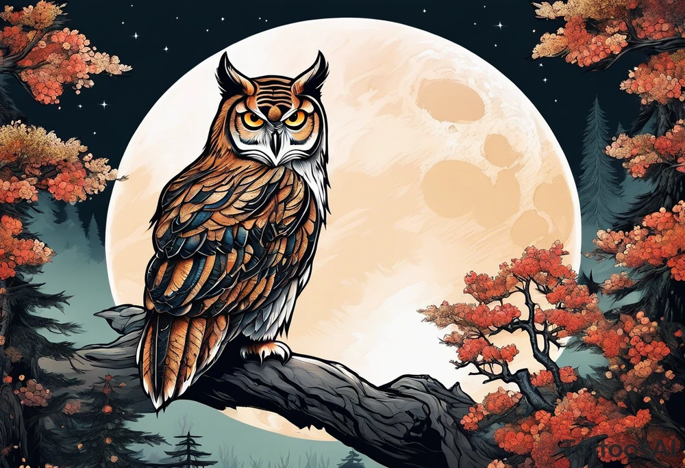 tiger owl underneath a full moon in a forest tattoo idea