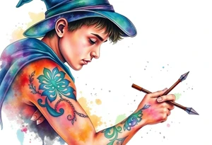 Young guy is exploring witch supplies, tools, equipment tattoo idea