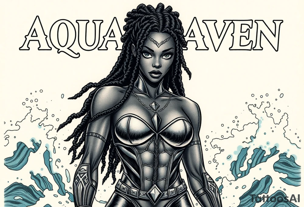 Create a comic book cover for a black female superhero named “Aqua Raven” have her standing in waves in the ocean with powers above her 
Show her with dreadlocs
Put her name in the background above her tattoo idea