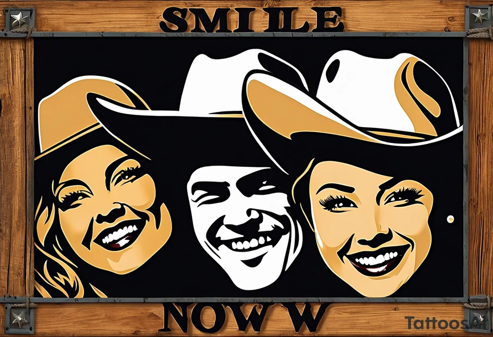 Smile now cry later to resemble cowboy/girl faces—one smiling with a cowboy hat and the other crying with a bandana or cowboy hat tilted downward? Framed with a rope or barbed wire design and include rustic lettering for the phrase “Smile Now, Cry Later,” perhaps resembling old western signage or branding irons. tattoo idea
