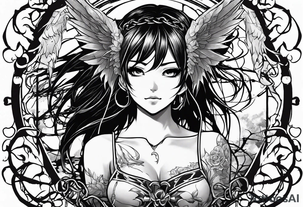 2 dimensional art of a bleeding anime girl surrounded by an asian gargoyle and barbed wire tattoo idea