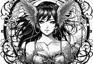 2 dimensional art of a bleeding anime girl surrounded by an asian gargoyle and barbed wire tattoo idea